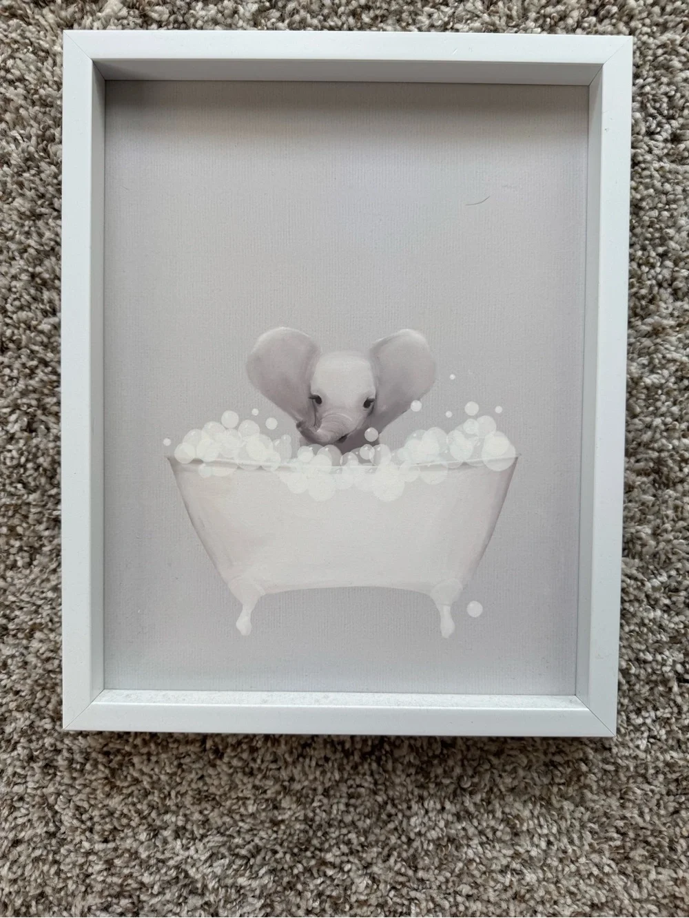 Gray Elephant Bathtub Wall Art - White Frame